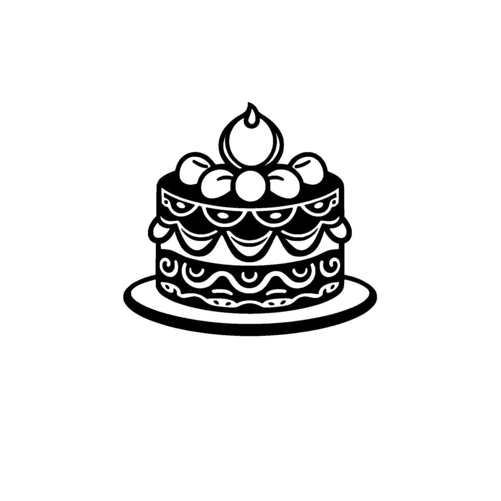 A symmetrical, detailed black and white illustration of a layered cake, adorned with spherical decorations, set on a plate, evoking festive and celebratory vibes. vector