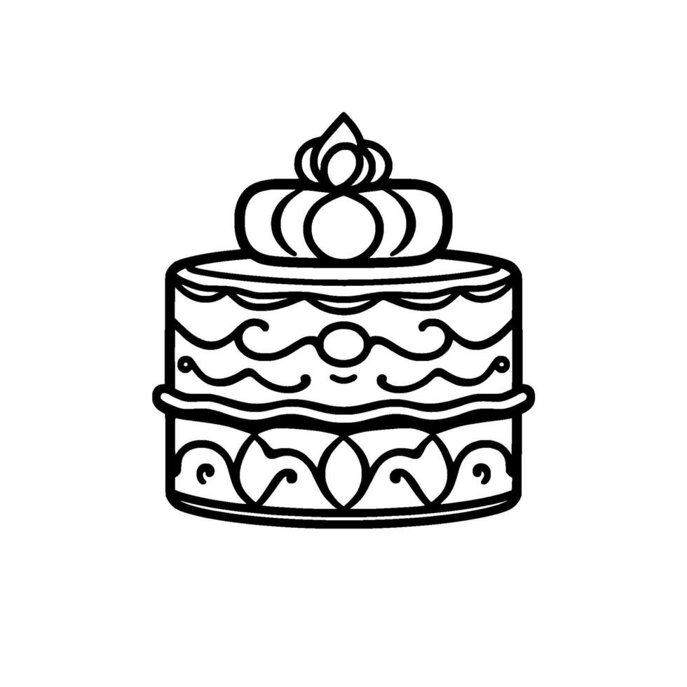 Elegant Black and White Illustration of Tiered Cake with Decorative Swirls and CrownShaped Topping. vector
