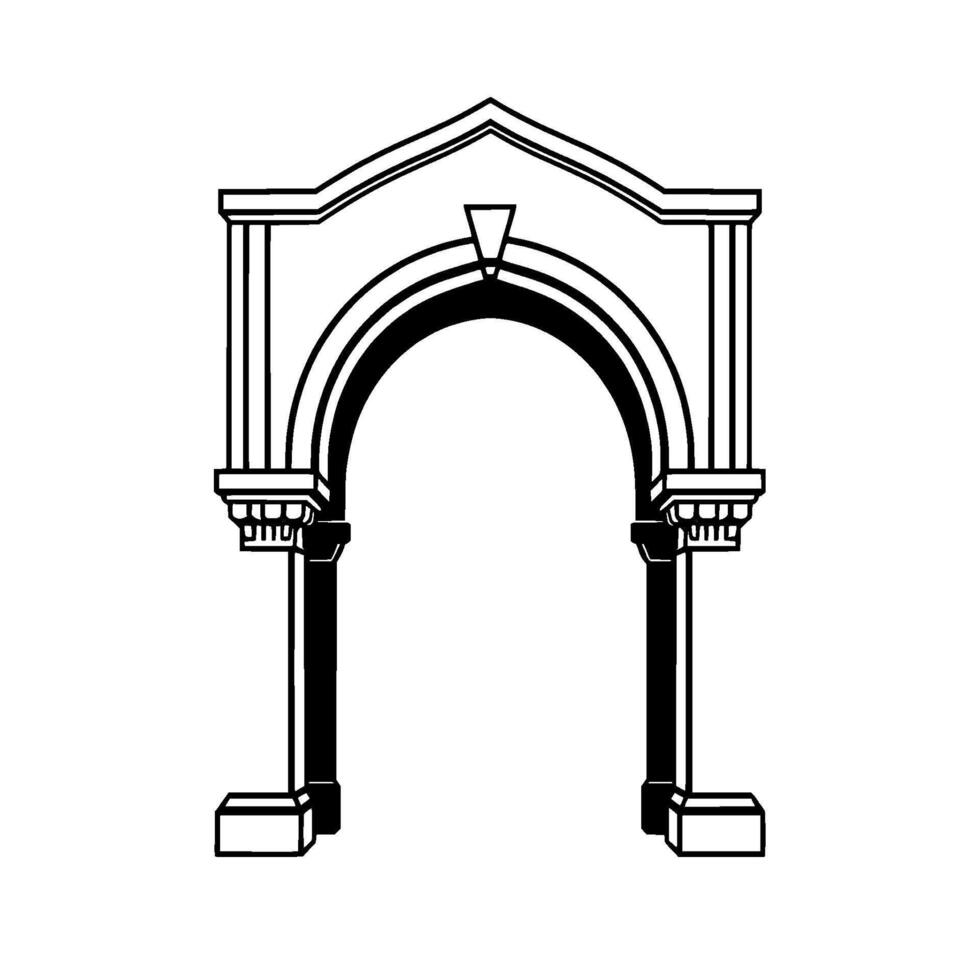 A symmetrical, minimalist architectural illustration of a classical archway in stark black and white, featuring detailed pillars and decorative elements, creating a sense of antiquity. vector