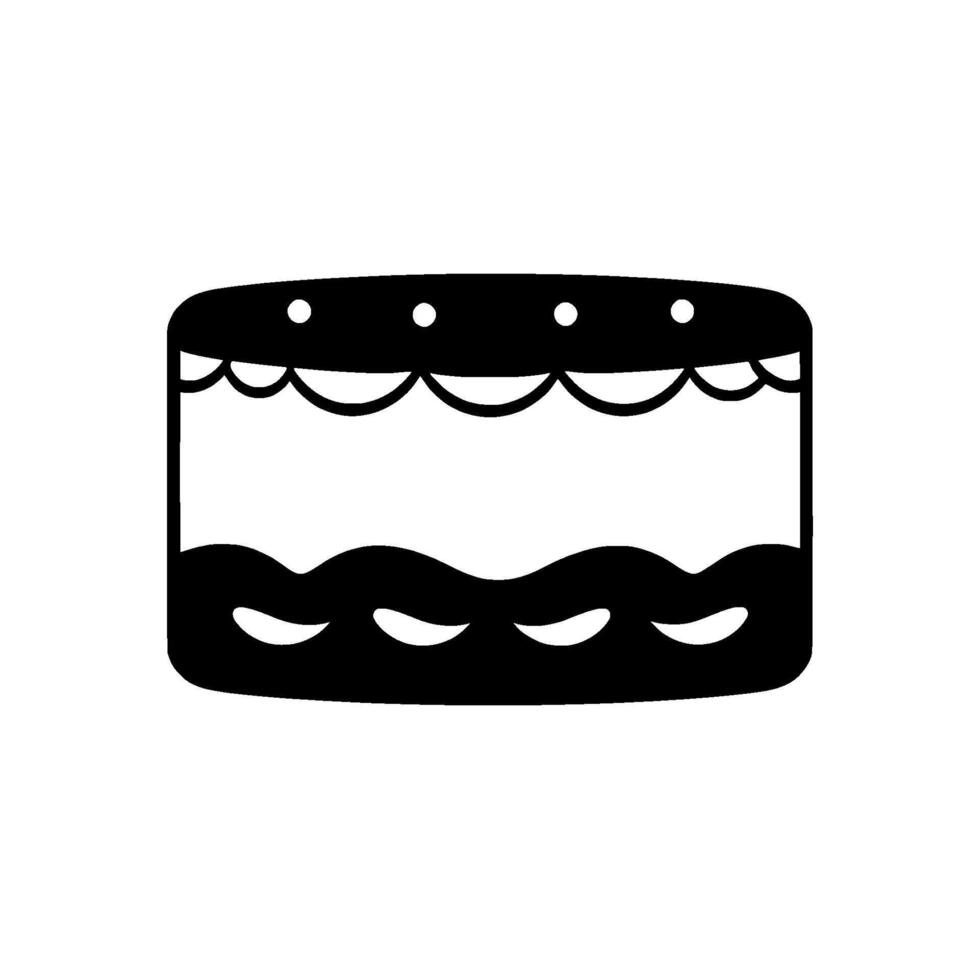 A stylized, minimalist black and white cake illustration with scalloped and wavelike details, and a minimalist polkadot decoration. vector