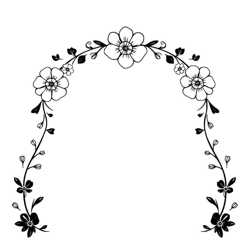 Elegant Black and White Floral Archway Decoration, Outlined Flowers Leaves on Twining Vines. vector