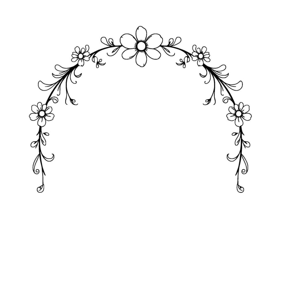 Delicate HandDrawn Floral Arch with Daisies and Vines on a White Background, Minimalistic vector
