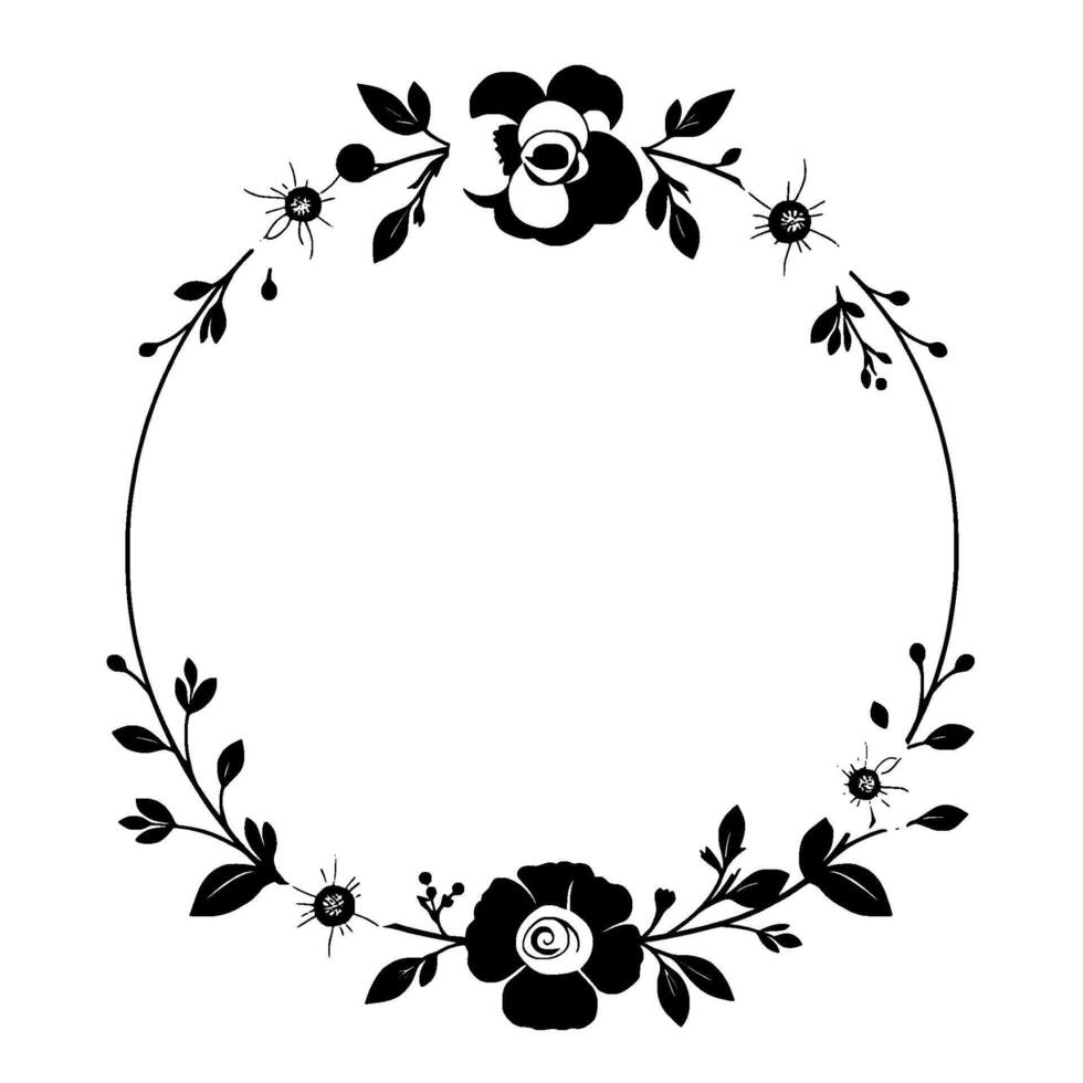 Elegant Black Floral Wreath with Artistic Detailing, Leaves, and Berries on White Background. vector