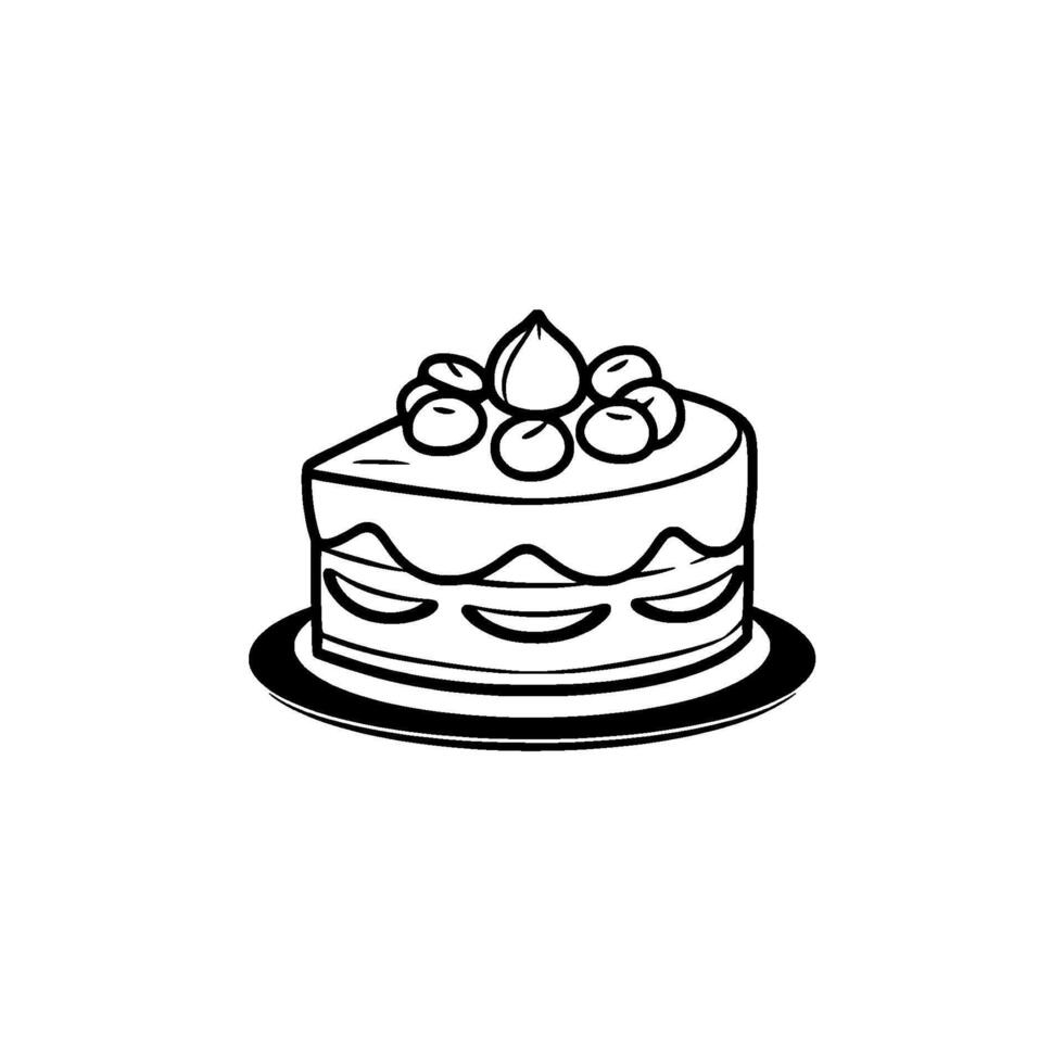 A black and white illustration of a slice of layered cake adorned with berrylike decorations, served on a round plate. vector