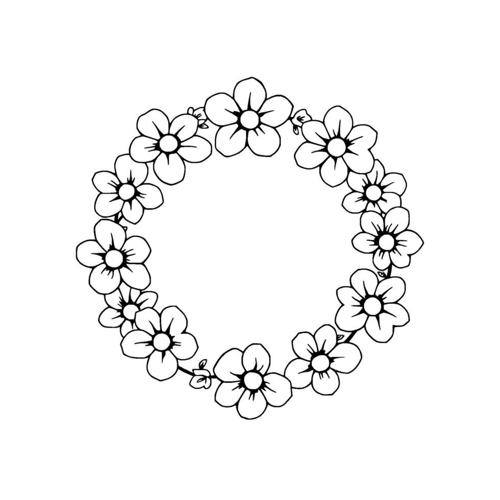 Black and white floral wreath illustration, circular arrangement of simple daisylike flowers with details, blank space. vector