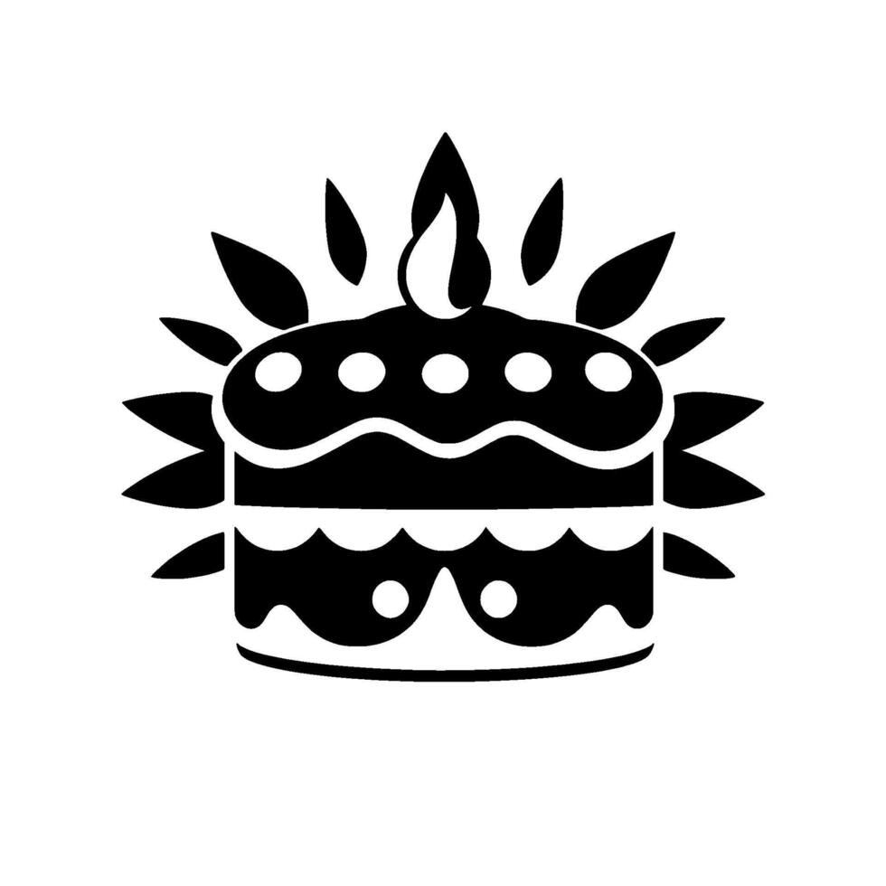 A bold, black and white illustration of a birthday cake, with a lit candle, surrounded by stylized radiating leaflike elements, on a stark white background. vector