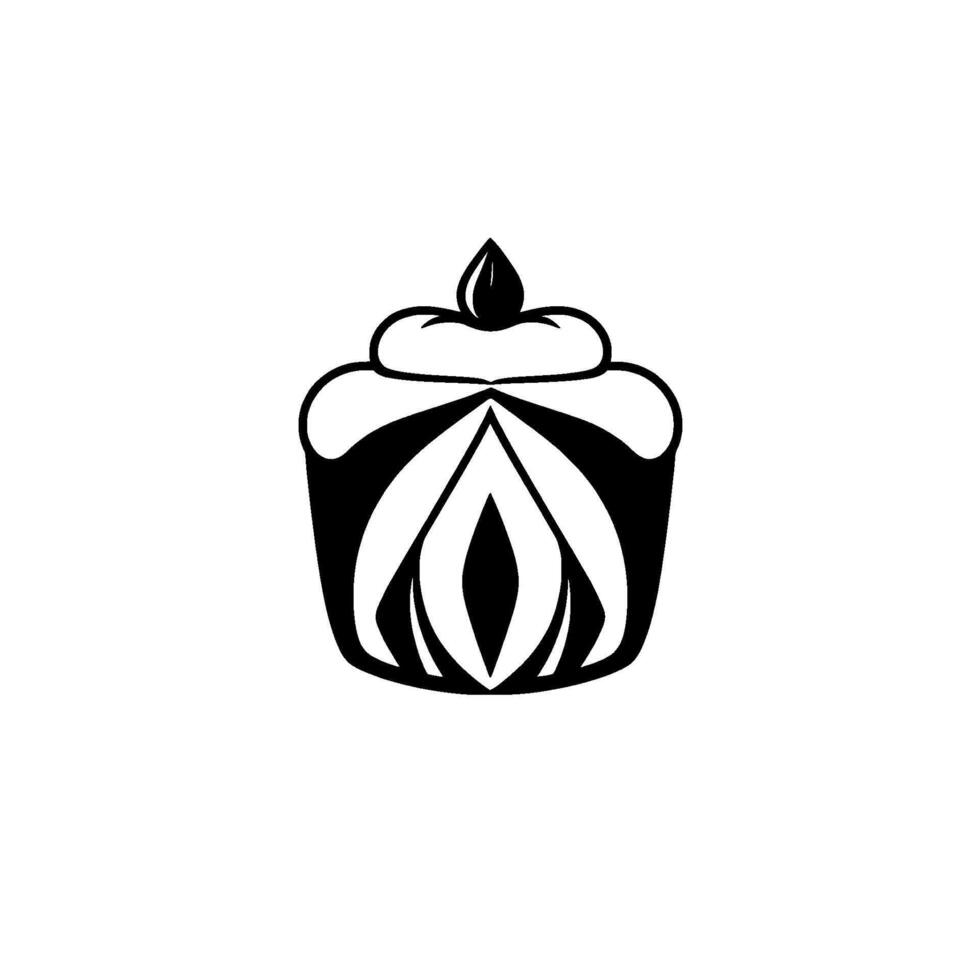 Stylized Black and White Cupcake Illustration with Floral and a Droplet Topping. vector