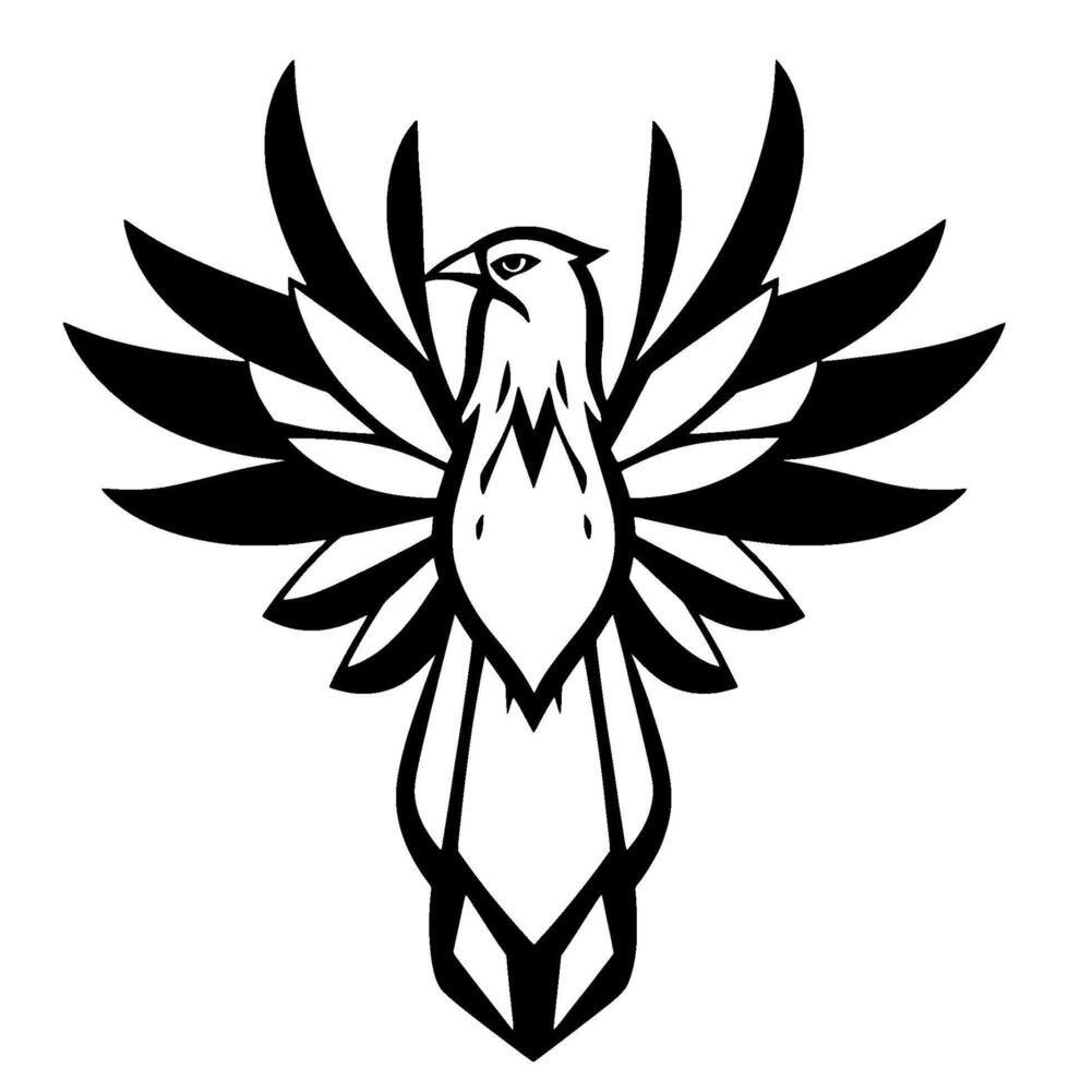 Bold, Stylized Black and White Phoenix Symbol with Outstretched Wings, Emblem on White Background. vector