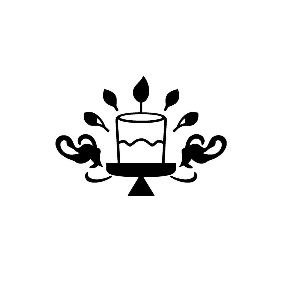 Elegant Black and White Illustration Lit Candle with Leaf Embellishments on a Pedestal Stand and Decorative Flourishes. vector
