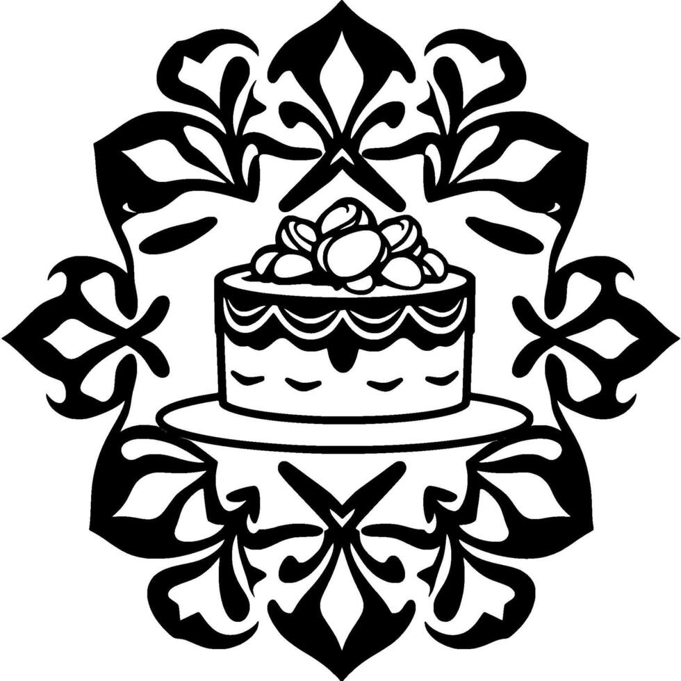 Ornamental Black and White Cake Composition, Decorated with Floral Motif. vector