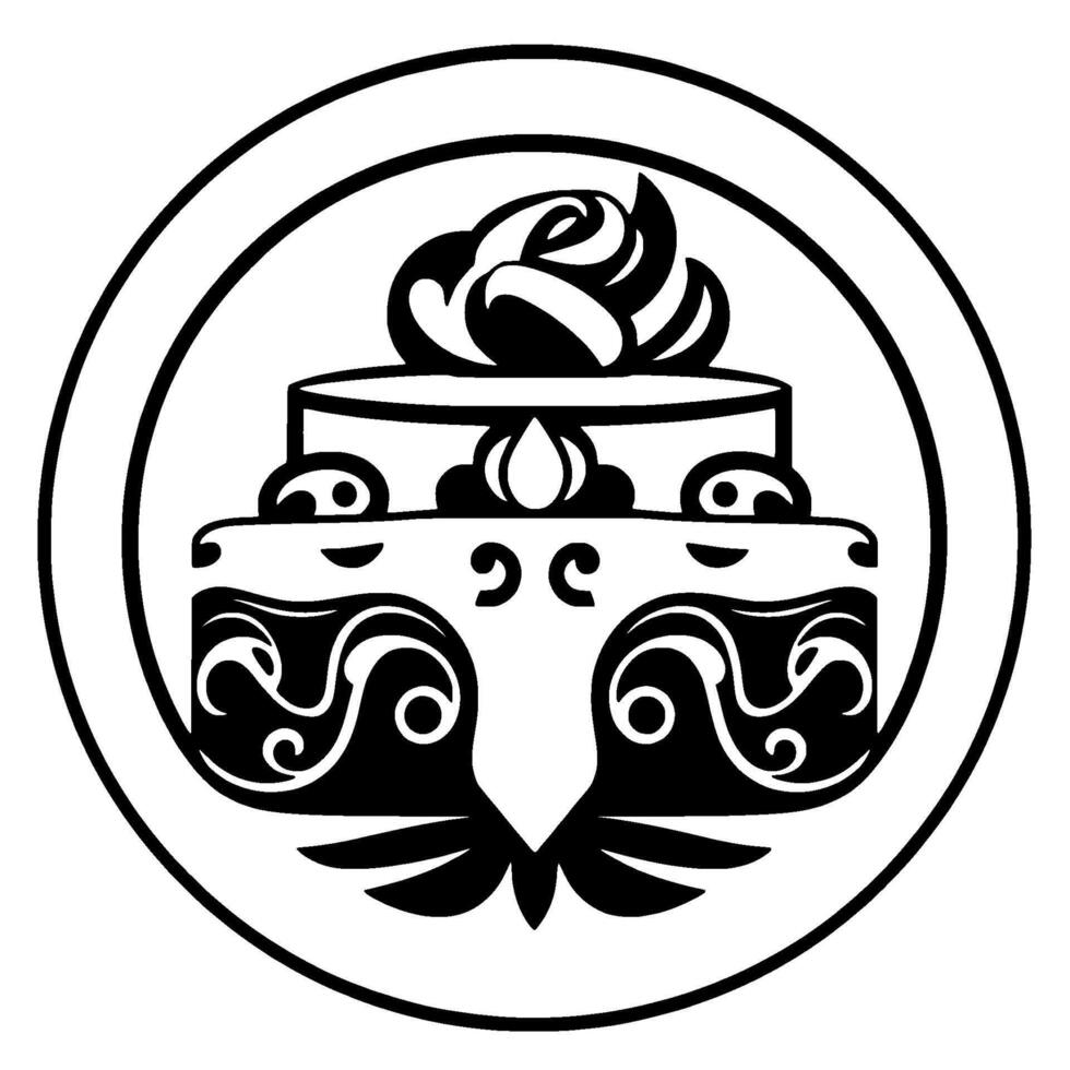 Ornate Black White Cake Illustration Within Circle Frame, Featuring Swirls and Floral Top Decor, Emblemlike . vector
