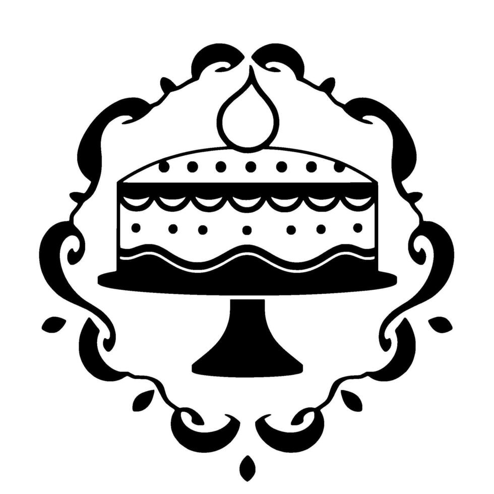 Intricate Black and White Cake Illustration Decorated cake on pedestal, framed by ornate flourishes and drop, perfect for celebration. vector