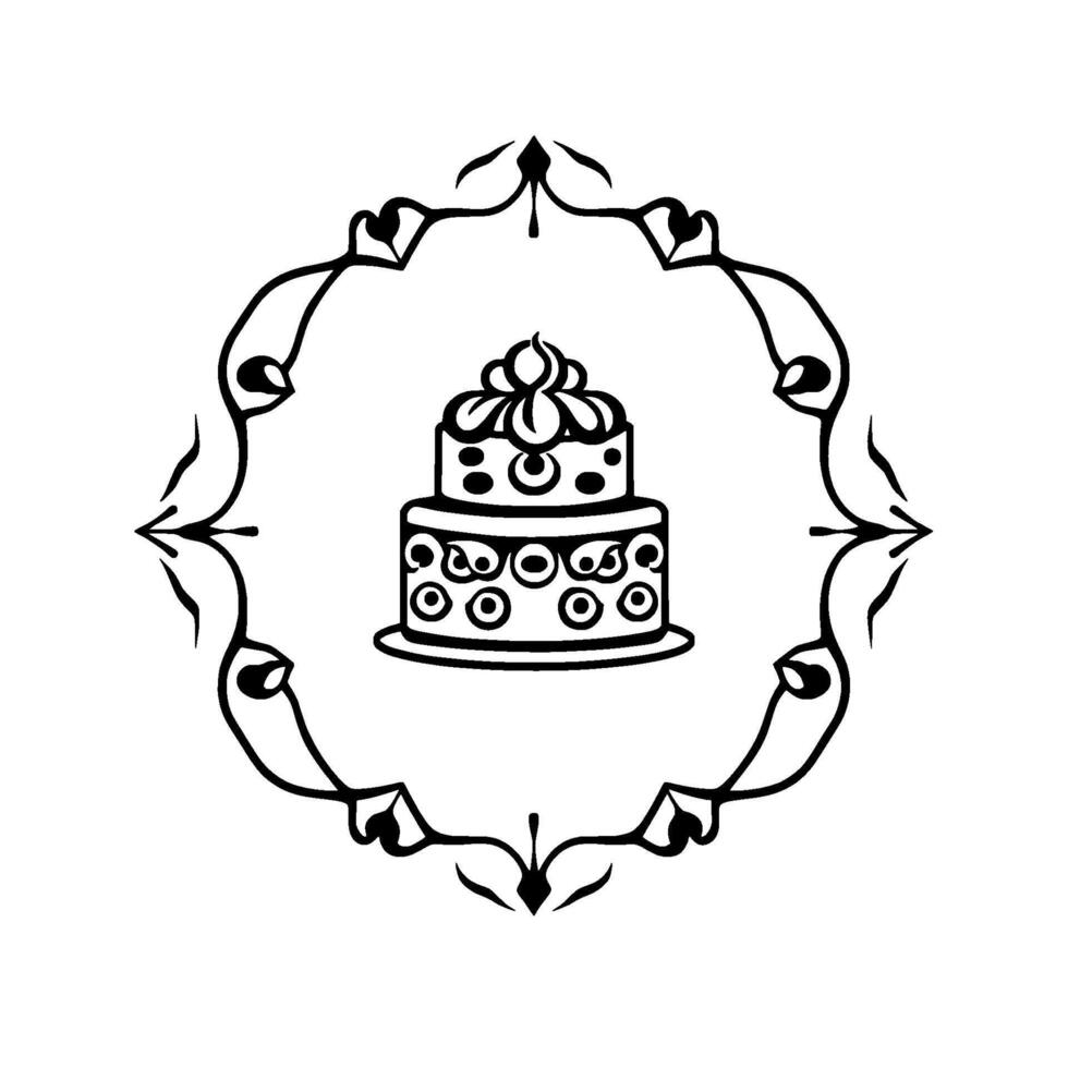 Intricate Black White Illustration TwoTiered Cake within a Decorative FloralInspired Frame, Celebrating Sweetness. vector