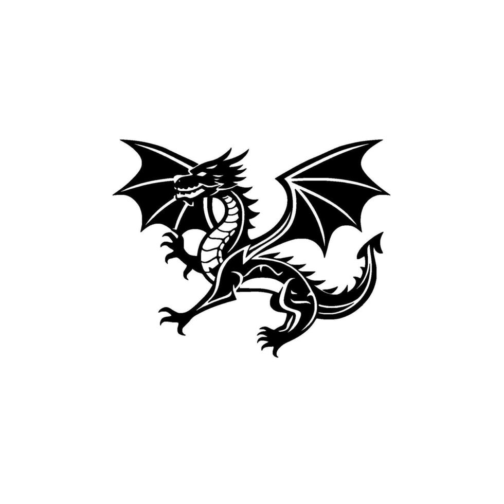 A stylized black and white illustration of a dragon in a heraldic pose, wings spread, on a clean white background. vector