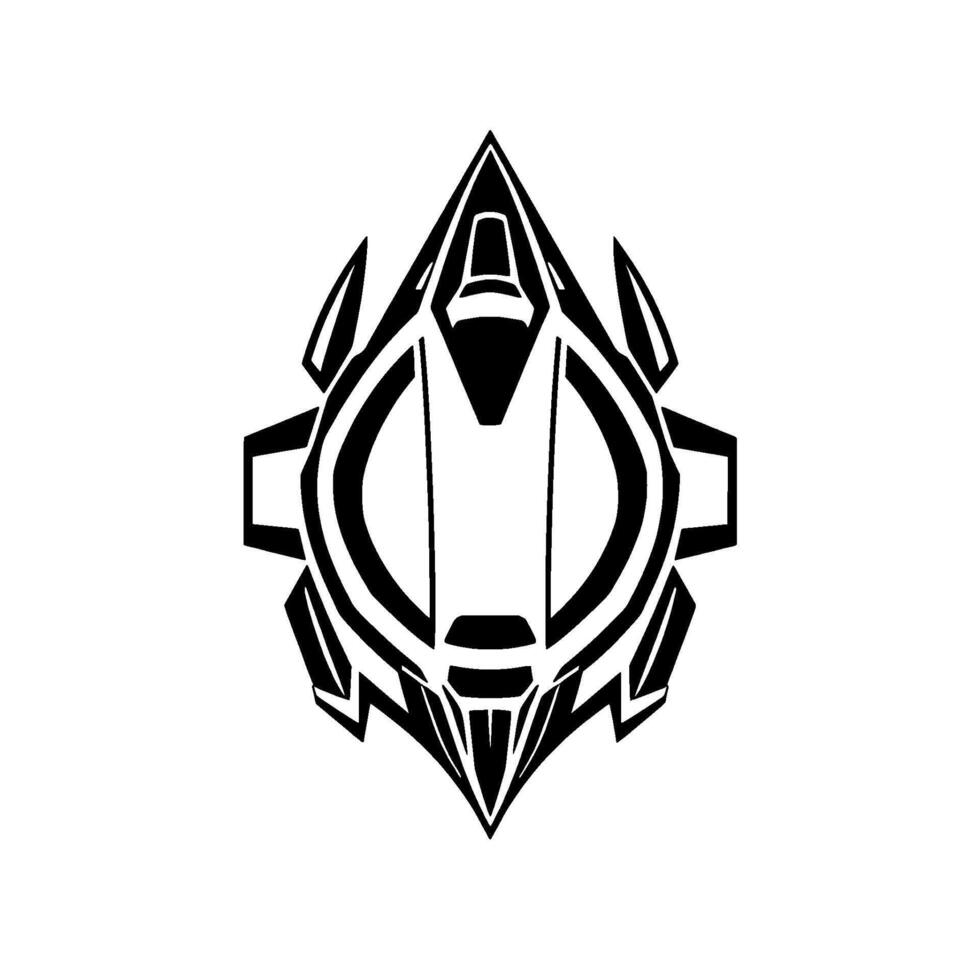 Geometric black and white digital art of a stylized, symmetrical emblem with sharp angles, resembling a futuristic mask or gear. vector