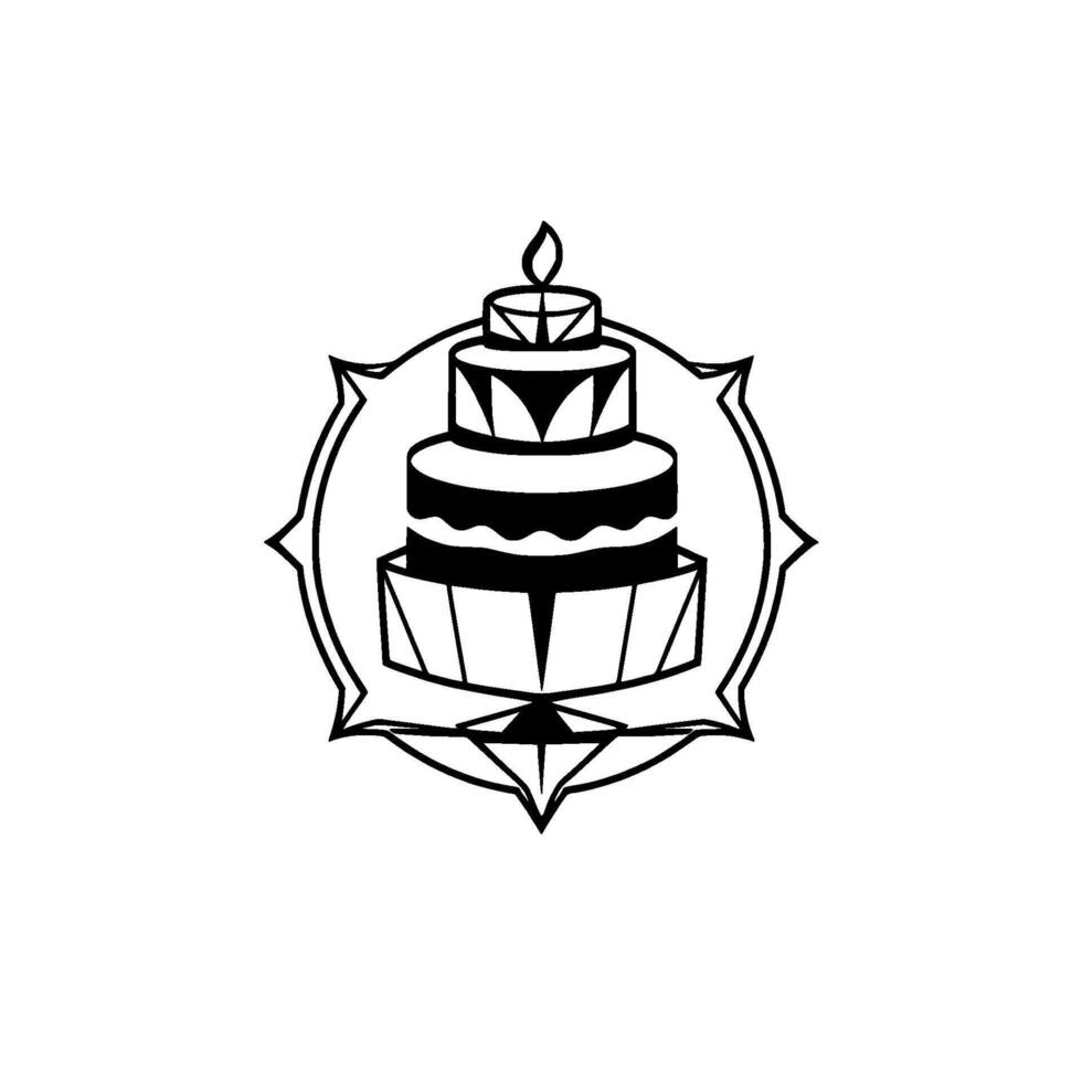 illustration of a tiered cake with a lit candle centered within an ornamental frame, displayed in stark black and white. vector