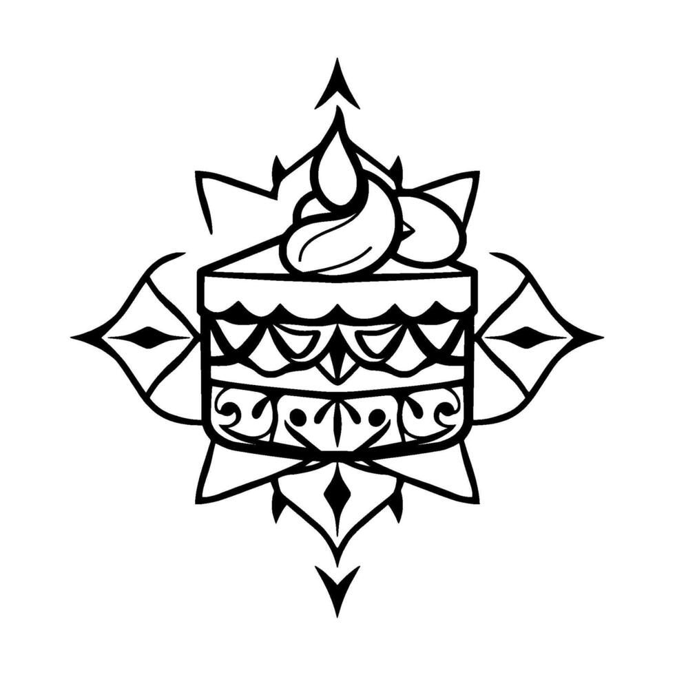 Elegant Black and White Illustration A Slice of Cake Adorned with Cream and Nuts, Surrounded by a Detailed Ornamental Mandala , Perfect for Celebrations and Special Events. vector