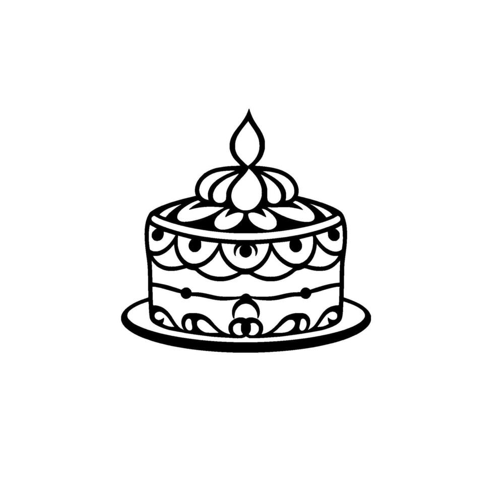 Black and white ornate celebration cake with floral and scroll decorations and a stylized flame on top, centered on white background. vector