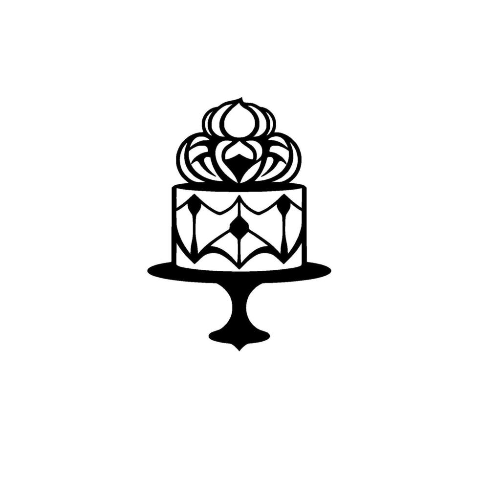 Elegant Black and White Cake Silhouette on a Pedestal Ornate with florallike crown on a minimalistic bright background. vector