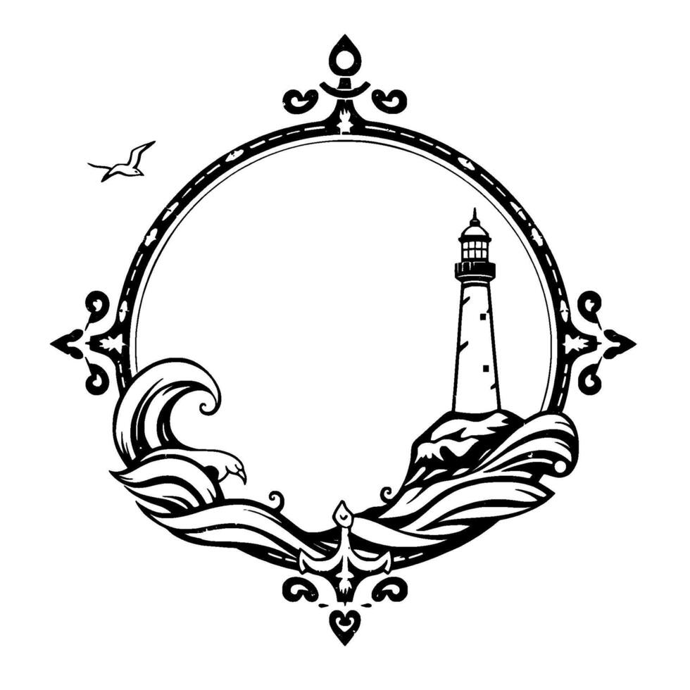 Ornate Nautical Frame Lighthouse on Rocky Coast, Seagull in Flight, Waves, Decorative Elements, Black and White. vector