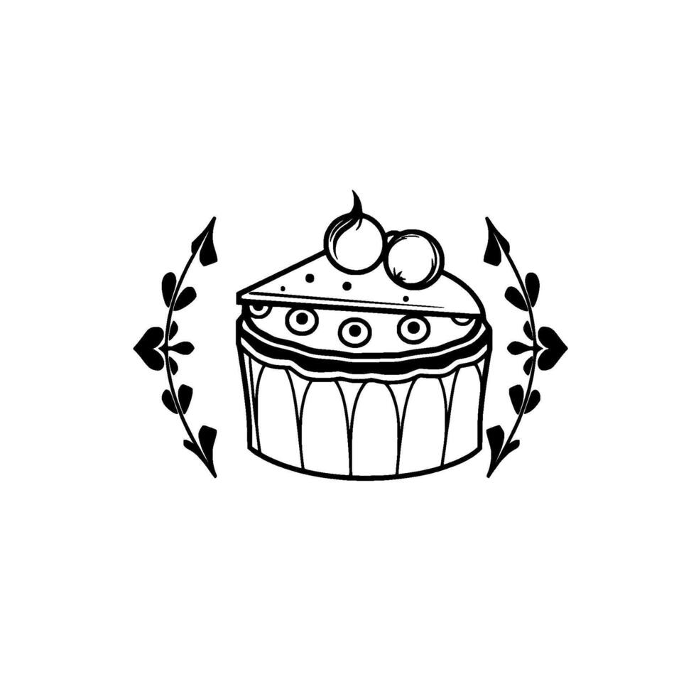 A stylized, black and white illustration of a layered cake slice, topped with cherries, framed by decorative floral elements on white background. vector