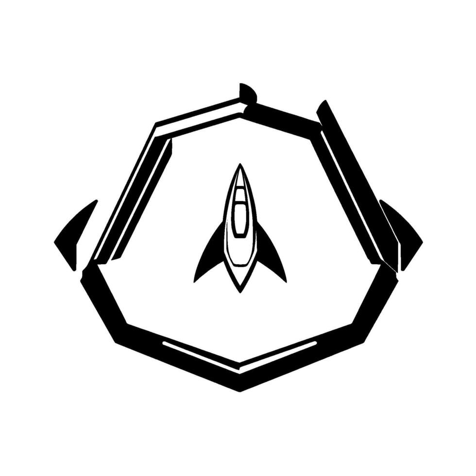 Minimalist black and white geometric featuring a rocketship enclosed within a stylized pentagonal frame, embodying innovation. vector