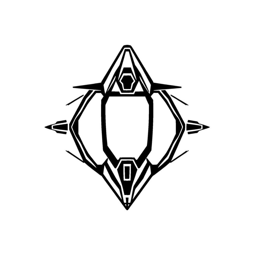 Geometric Black and White Illustration of a Symmetrical, Futuristiclooking Spacecraft or Emblem , centered on a white background. vector
