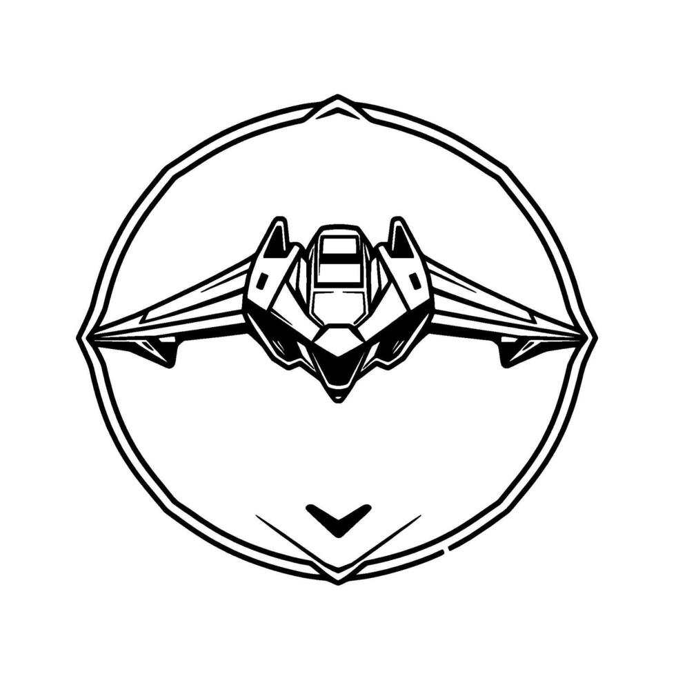 Illustration of a Futuristic Starfighter Aircraft Within a Circular, Abstract Geometric Frame with a DownwardPointing Arrow Element. vector