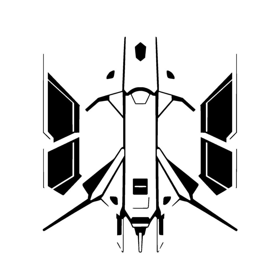 Futuristic Black and White Spaceship Blueprint on White Background, HighTech Symmetry, Geometric , Detailed Lines. vector