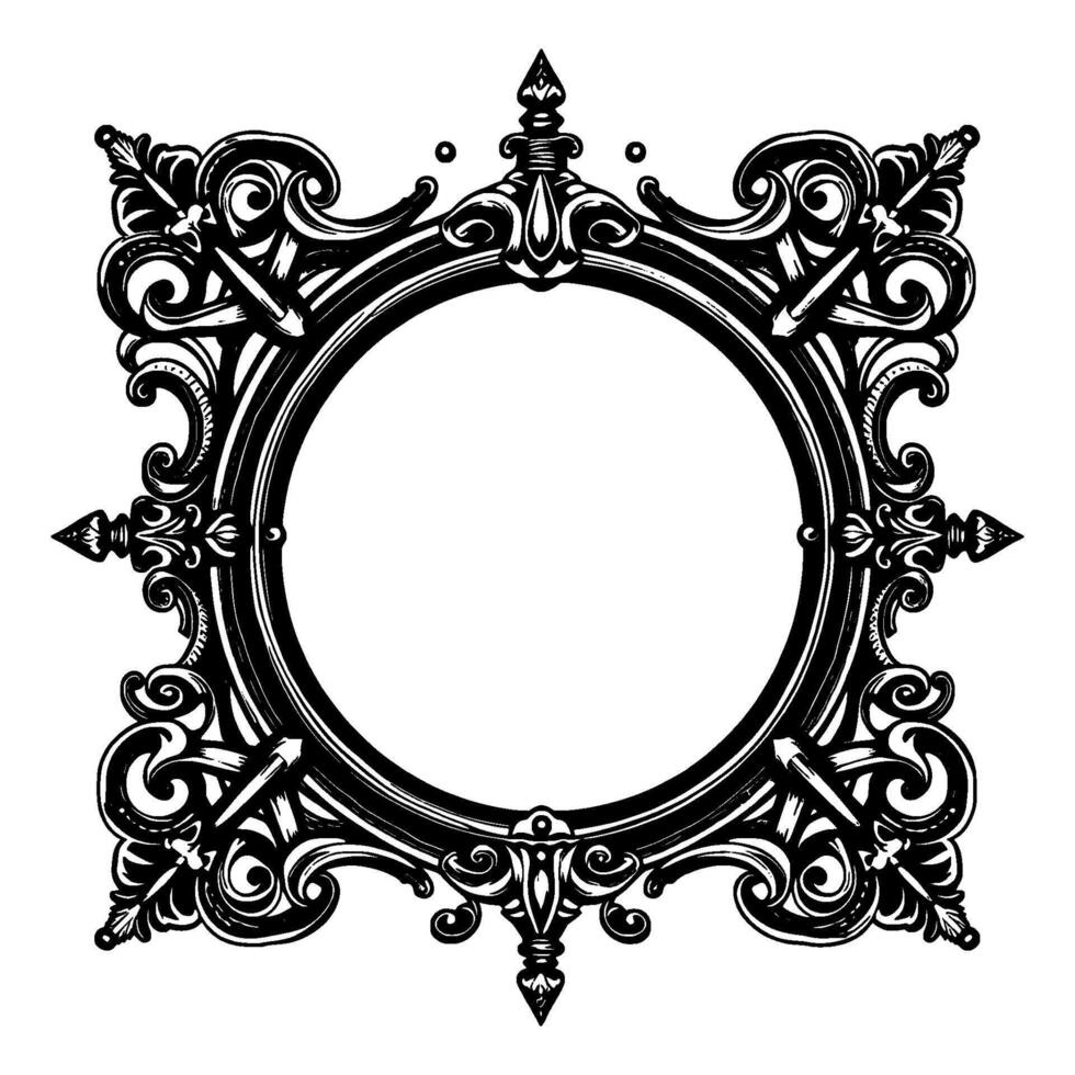 Ornate Black and White BaroqueStyle Circular Frame with Decorative Scrollwork, Arrows, and Finials, Isolated on White. vector