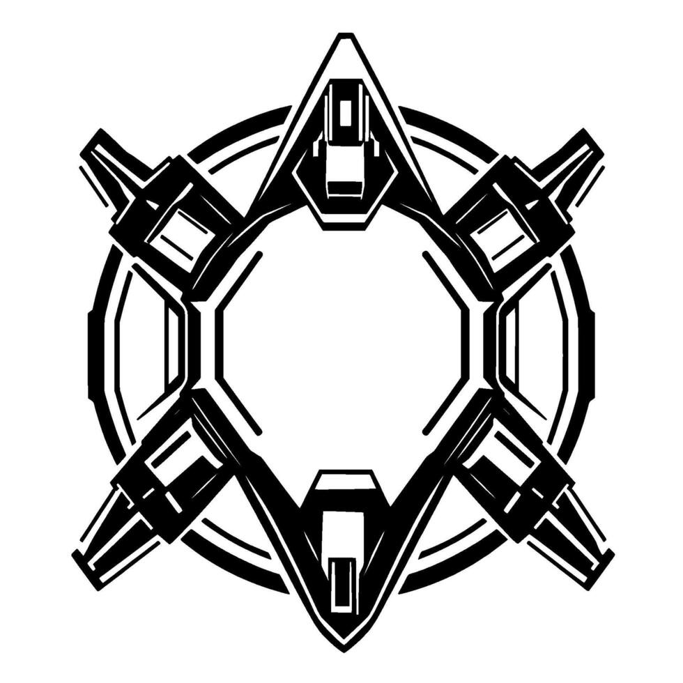 Geometric black and white symmetrical emblem with a central octagon, ring, and stylized armlike appendages. vector