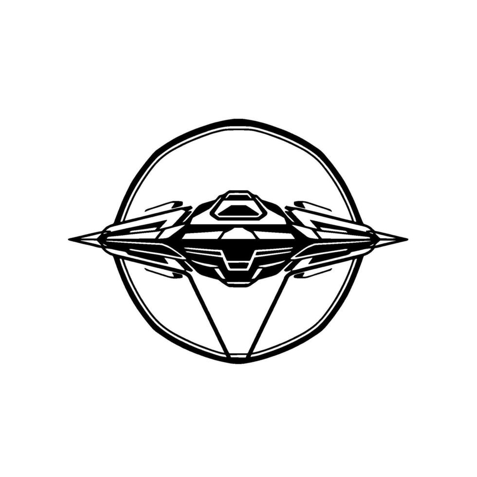 Futuristic black and white illustration of a stylized spaceship inside a circle, with geometric angular details. vector