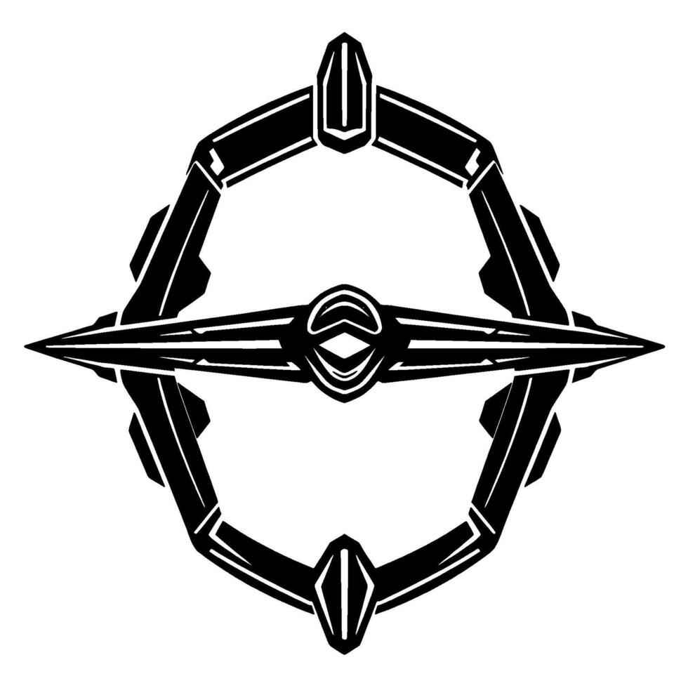 Geometric, symmetrical black and white of a complex, stylized, futuristic space station or emblem with interconnected elements. vector