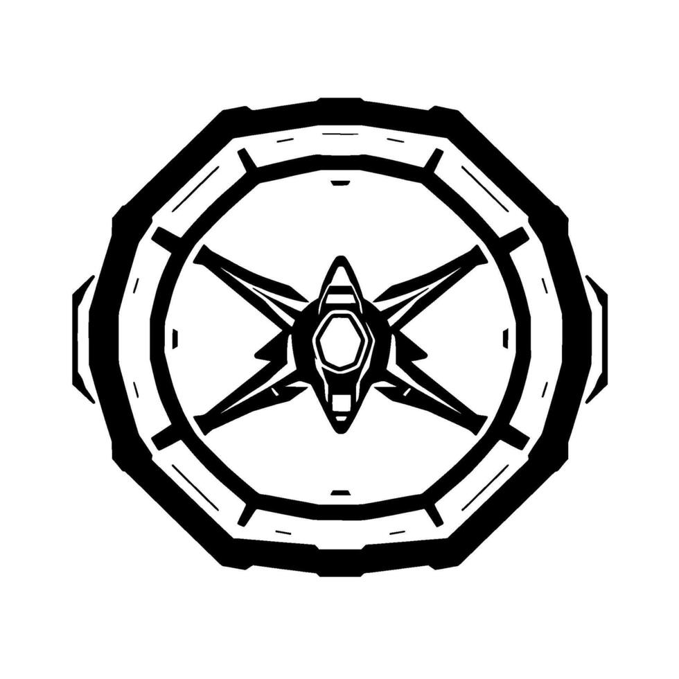 A symmetrical, highcontrast monochrome illustration of a futuristic spaceship or aircraft within a stylized circular frame with an octagonal outer rim, suggesting advanced technology. vector