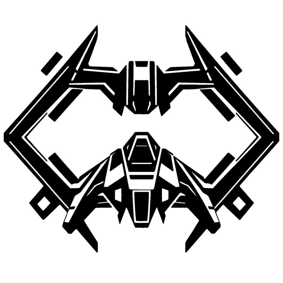 Black and white symmetrical illustration of two stylized spacecraft arranged in a diamond formation on a white background, hightech, angular . vector