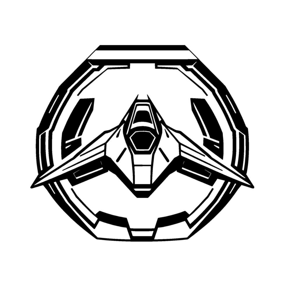 Futuristic Spaceship in a Geometric Hexagon Frame Monochromatic, Detailed Silhouette Art vector