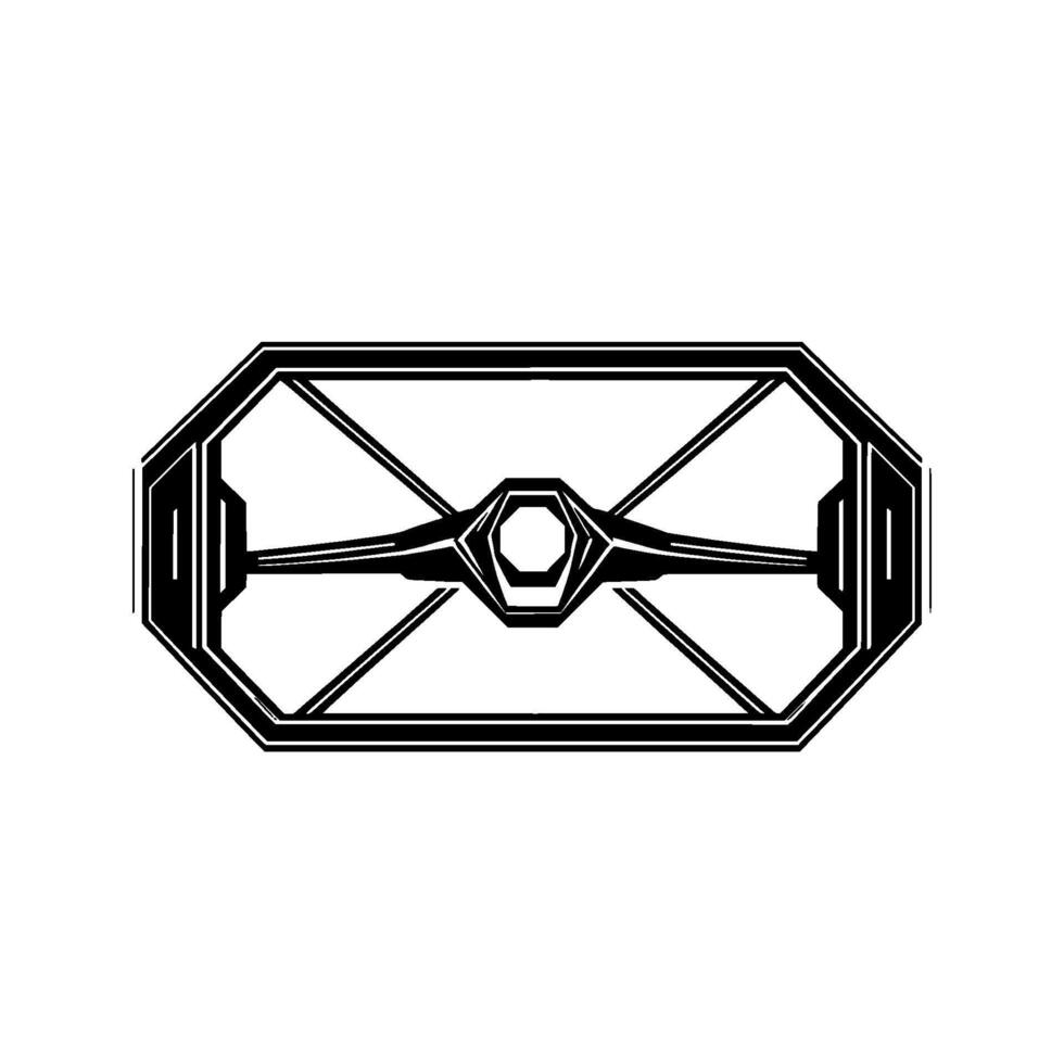 Black and White Geometric Abstract Futuristic Hexagonal Core with Winged Extensions, Enclosed in a Linear Octagonal Frame. vector