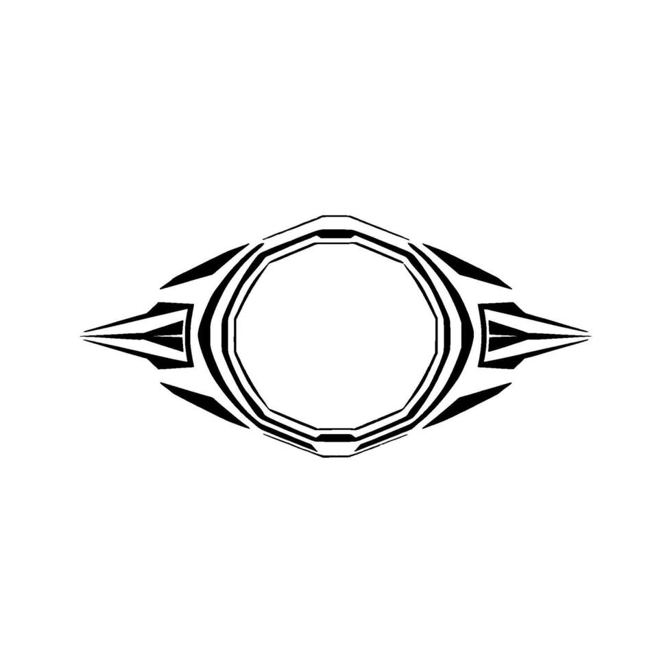 Abstract geometric symmetrical with a central circular void, framed by sharp, angular black shapes on a white background. vector