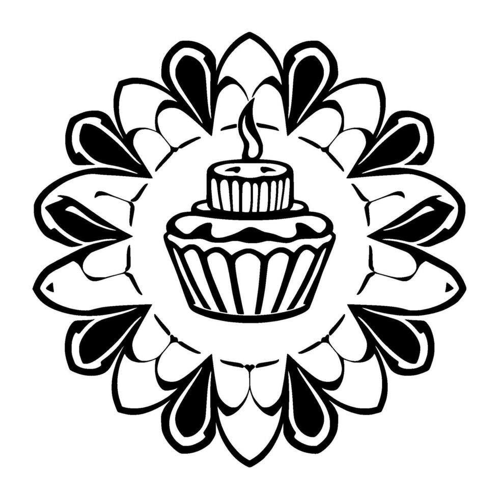 Intricate black and white illustration of a cupcake with a lit candle, surrounded by a decorative floral mandala pattern. vector