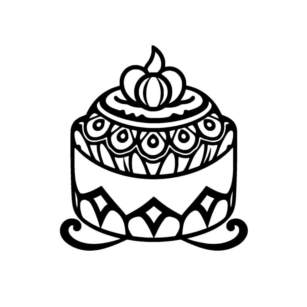 Intricate Black and White Cake Illustration Featuring Decorative Patterns, Topped with a Floral Ornament. vector