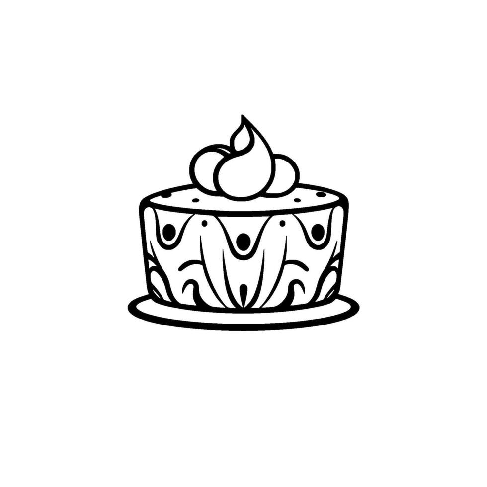 Elegant Black and White Line Art Cake Illustration on a White Background, Showcasing Ornamental and Whipped Cream. vector