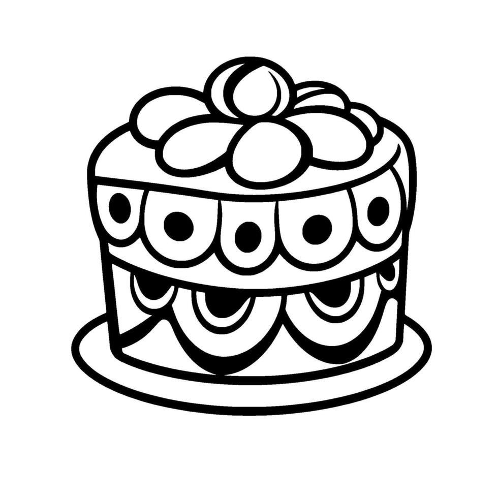Bold black and white cartoon illustration of a layered cake with stylized circular decorations and a cluster of orblike toppings, served on a plate. vector