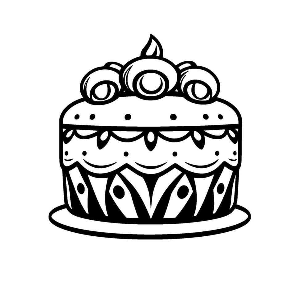 Intricate Black and White Illustration of a Decorated Layer Cake with Rosette Topping and Geometric Pattern. vector