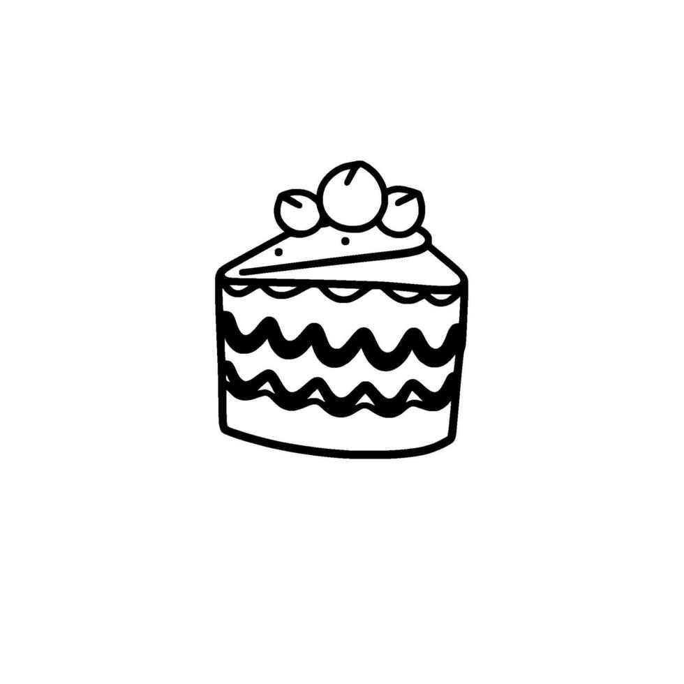 Simple black and white doodle of a layered cake slice topped with three round decorations, against a clean white background. vector