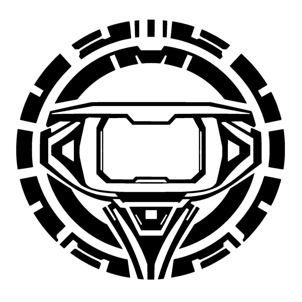 Futuristic Spartan Helmet Emblem, Bold Black and White Illustration within a Circular, Geometric Border, Clean, Minimalist . vector