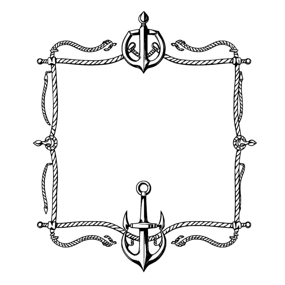 Ornate Nautical Frame A Detailed Black and White Drawing Featuring Anchors, Rope, and Decorative Knotwork Bordering Empty Space. vector