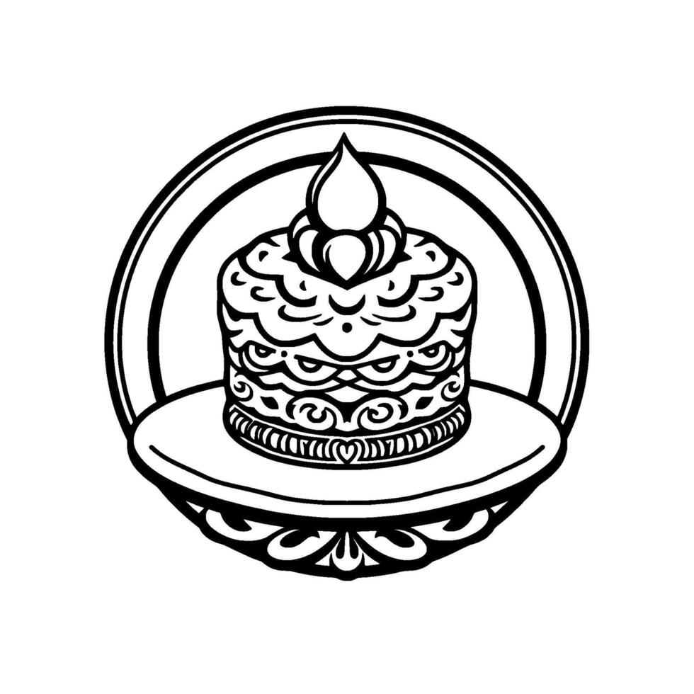 Intricate Black and White Illustration of Ornate Cake with CandleLike Top on Decorative Plate, Framed in a Circle. vector