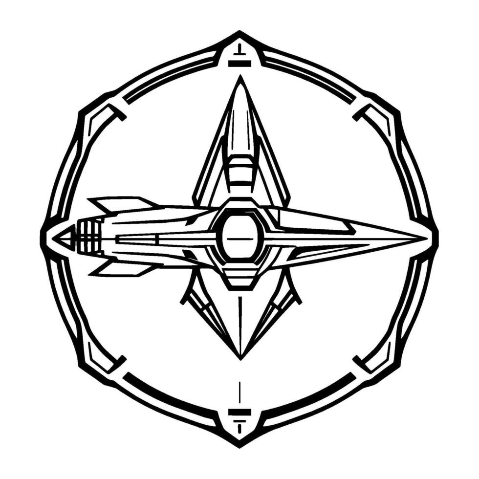 Stylized black and white symmetrical illustration of a spaceship within a shieldlike frame, geometric and futuristic . vector