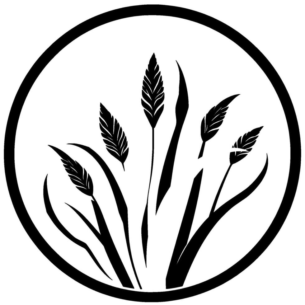Minimalist Black and White Illustration of a Floral Arrangement Featuring Silhouetted Wheat, Set within a Circular Frame. vector
