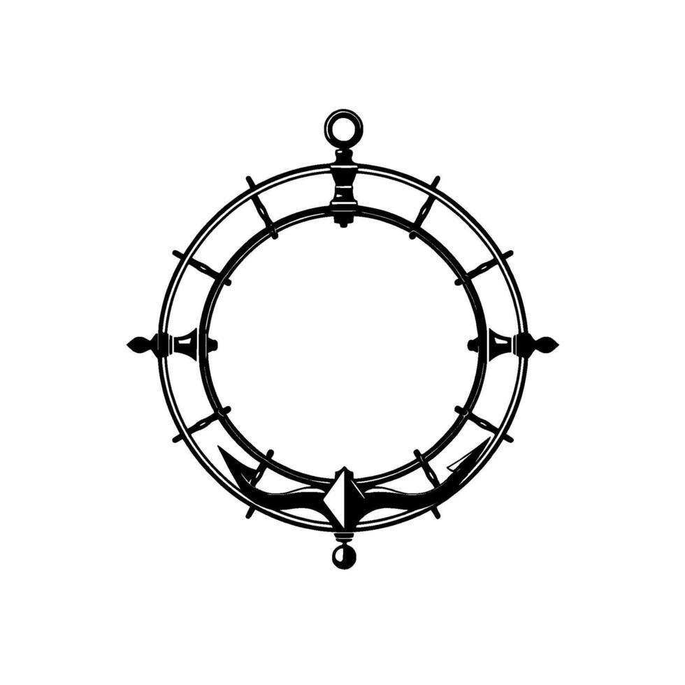 Illustration of Nautical Ships Wheel Centered, Detailed, Black and White, Compass Elements, Isolated on White, Minimalist . vector